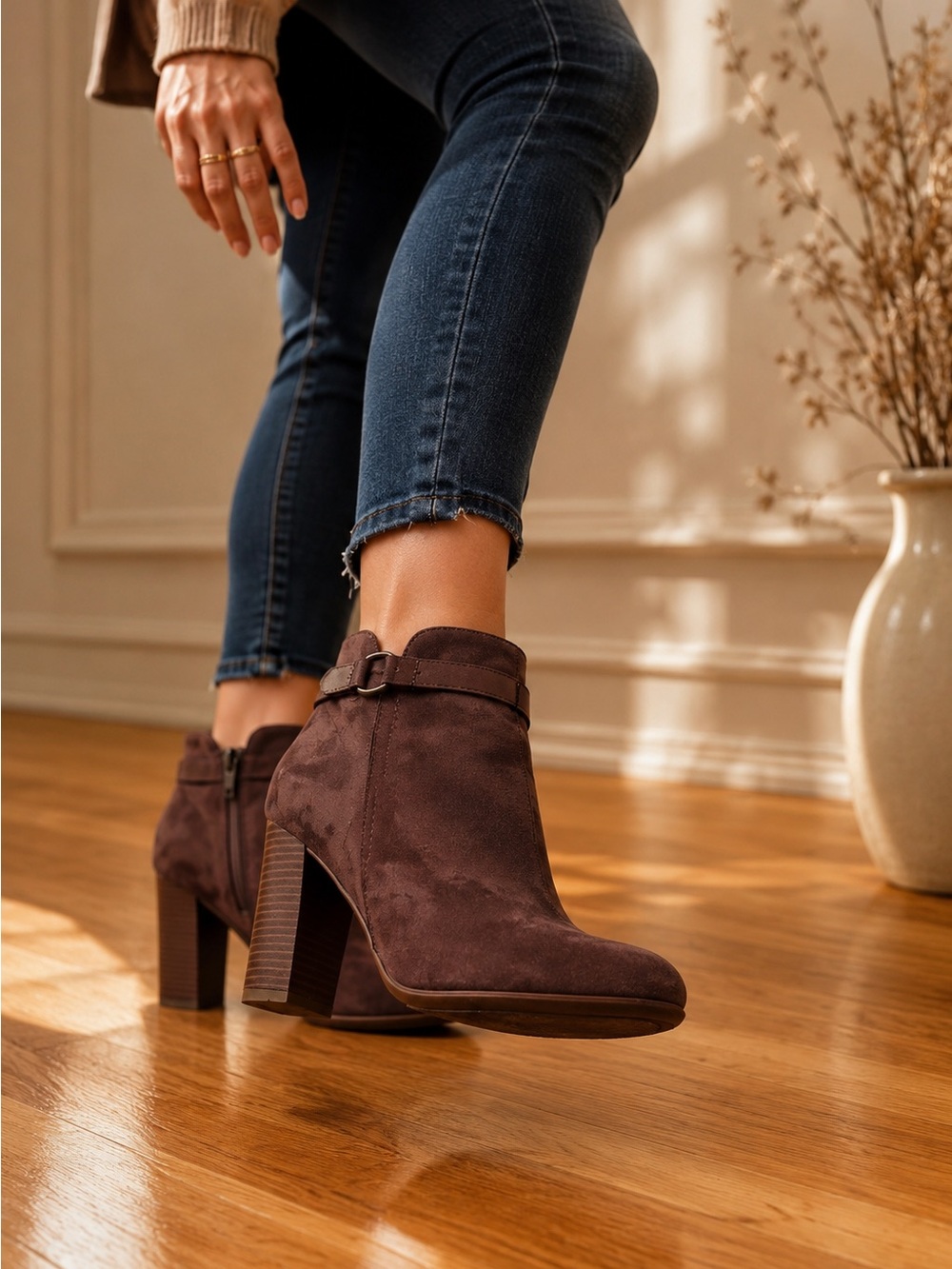 Bamboo feature a taupe-colored faux Suede Block Heel Ankle Booties